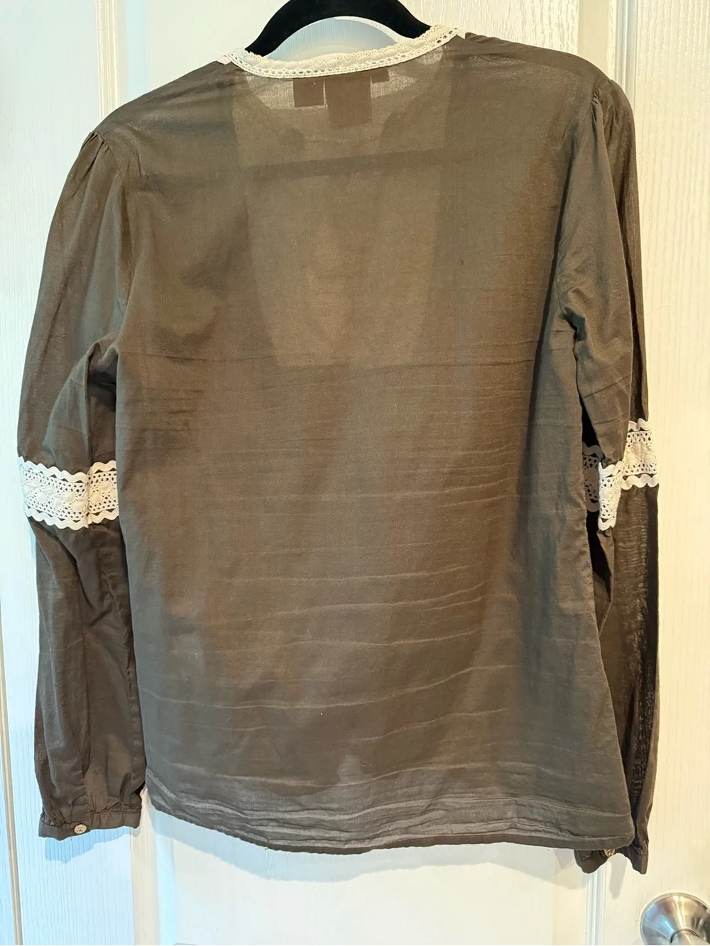 Tory Burch Olive Green Peasant Blouse with Cream Lace Trim